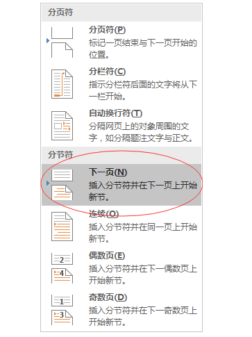 然后在分隔符里选择下一页插入到文档的最底部